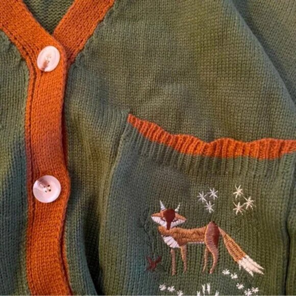 Button Up Fox Nature Forest Green Cardigan With Pockets - Picture 5 of 6